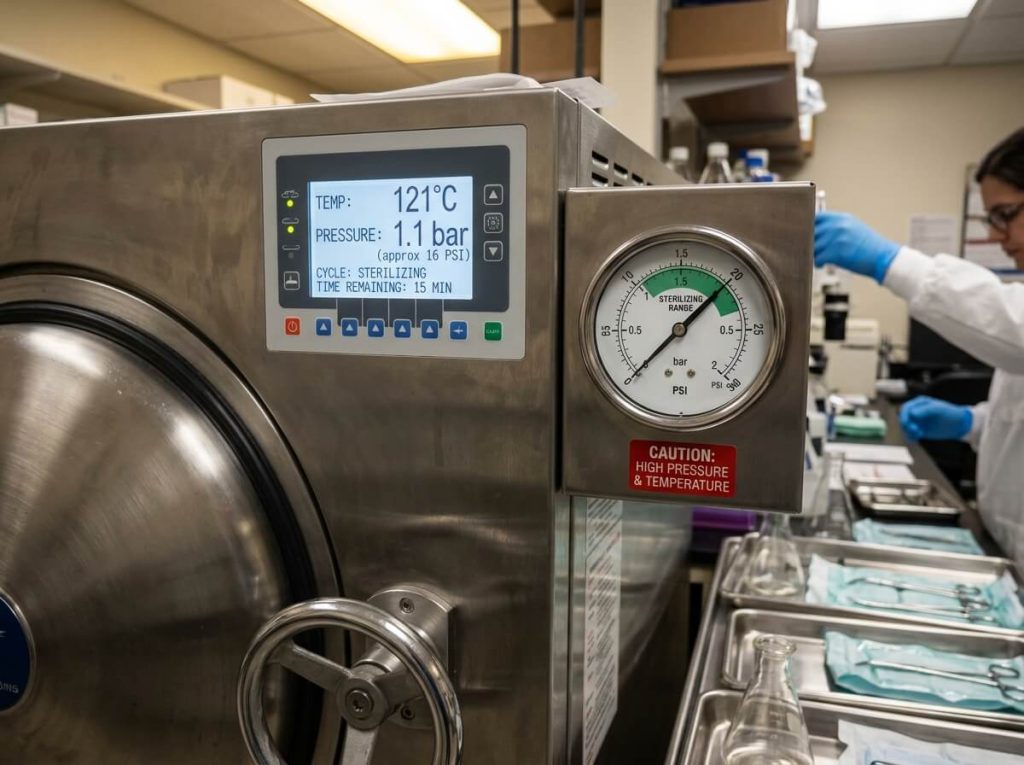 Digital display screen showing temperature and pressure on medical autoclave sterilizer.