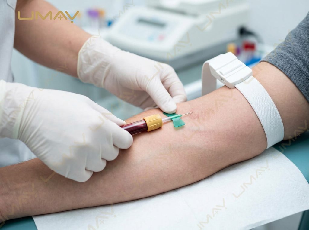 Phlebotomist collecting venous blood sample using a winged butterfly needle for clinical laboratory analysis.