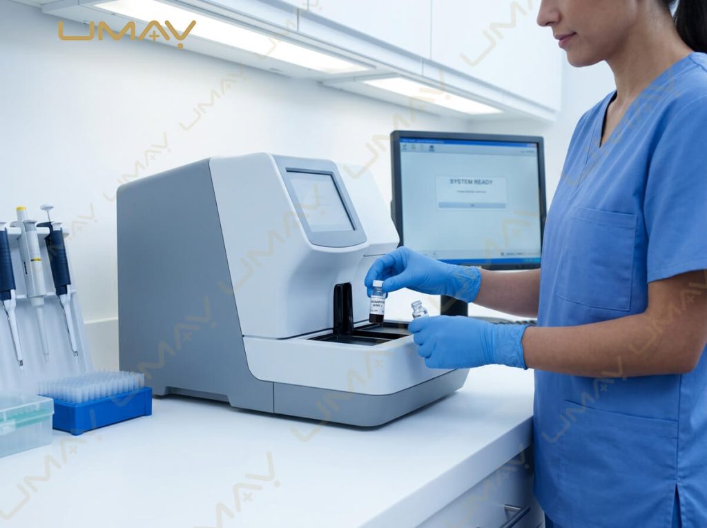 Medical laboratory technologist placing a sample vial into a benchtop biochemistry analyzer.