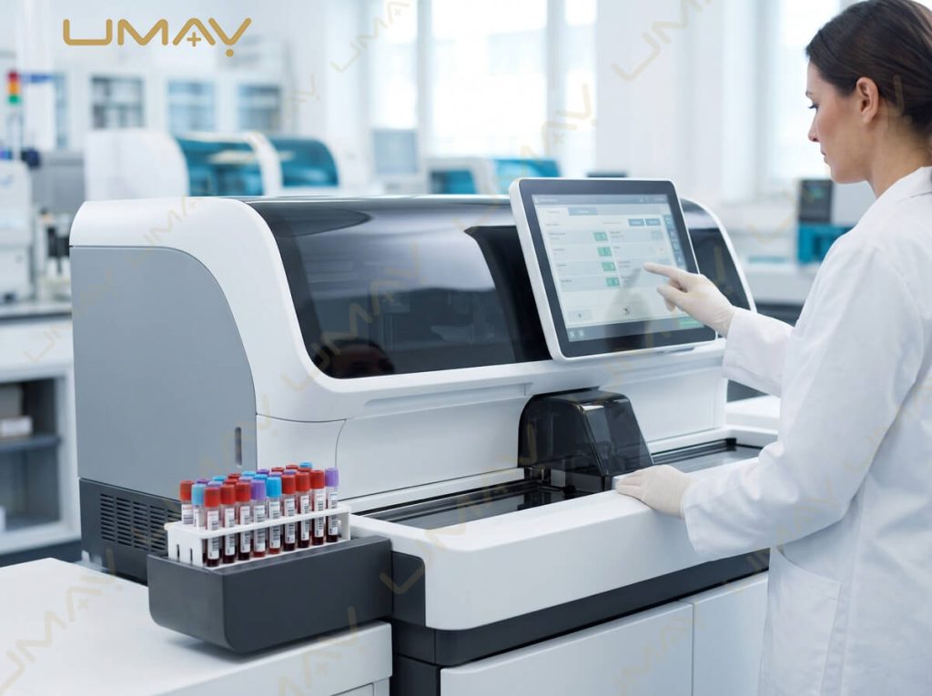 Laboratory technician operating an automated chemistry analyzer touchscreen interface.