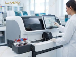 Laboratory technician operating an automated chemistry analyzer touchscreen interface.