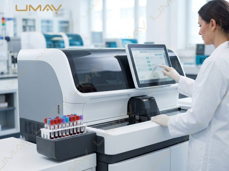 Laboratory technician operating an automated chemistry analyzer touchscreen interface.