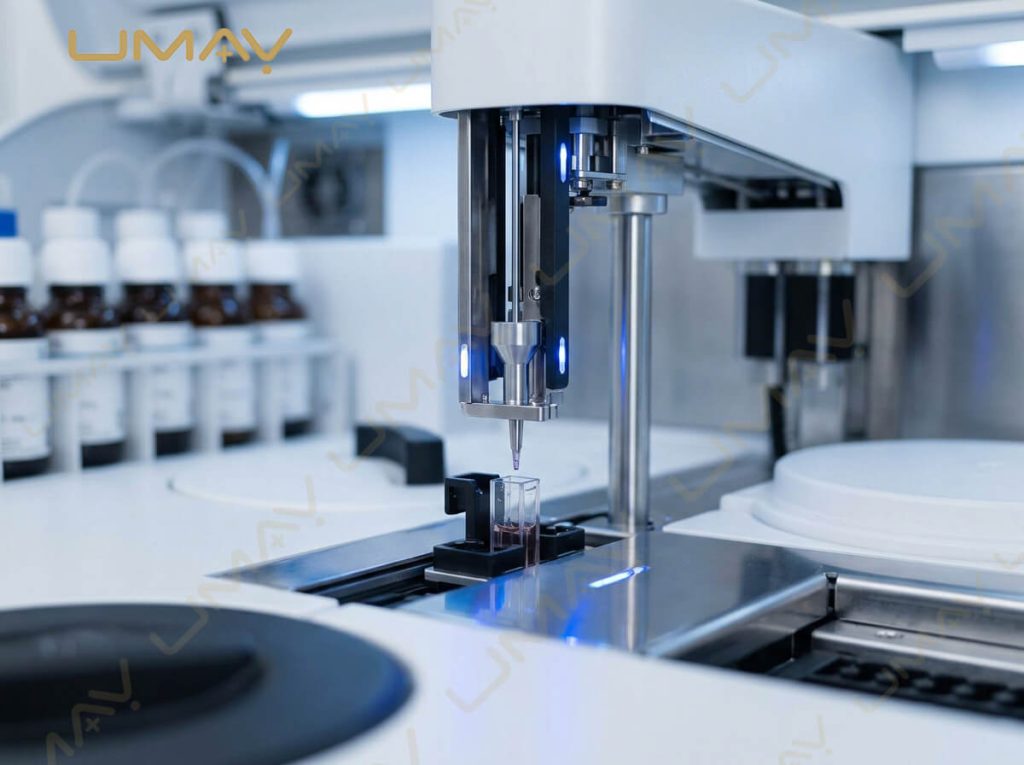 Close-up of automated sample dispensing probe dispensing reagent into a cuvette inside a chemistry analyzer.