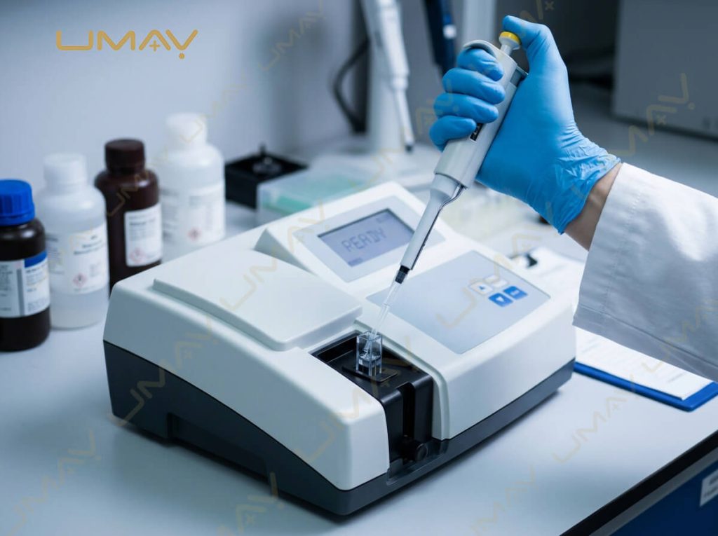 Laboratory analyst pipetting liquid sample into a cuvette using a semi-automated biochemistry analyzer.