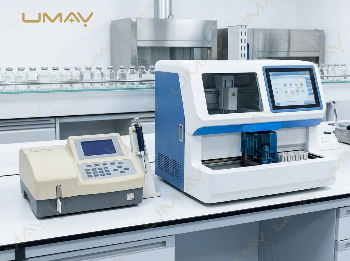 Side-by-side comparison of a semi-automated biochemistry analyzer and a fully automated clinical chemistry system.