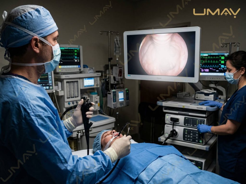 Doctor using flexible bronchoscopy medical endoscope system for patient airway examination in hospital room.