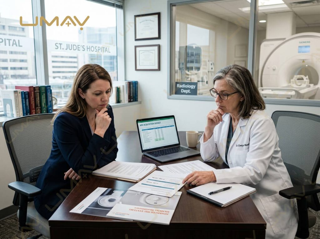 Hospital buyer and doctor reviewing MRI system acquisition budget documents in a radiology department office.