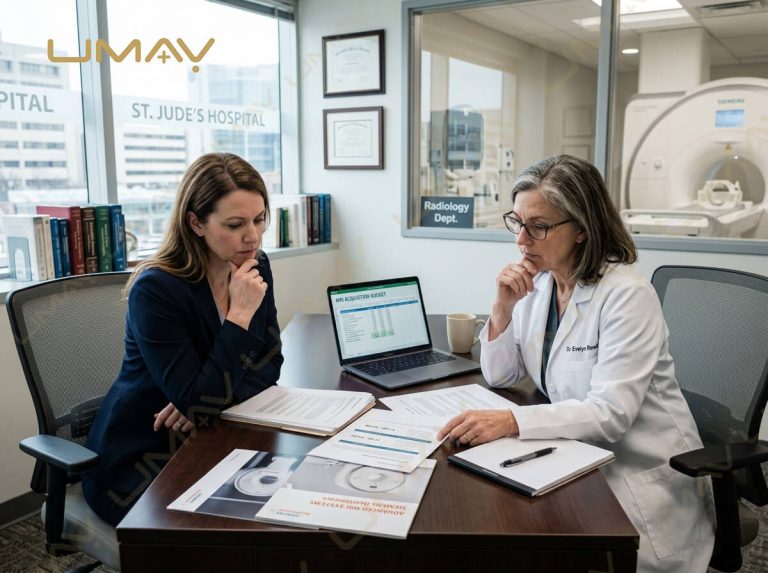 Hospital buyer and doctor reviewing MRI system acquisition budget documents in a radiology department office.
