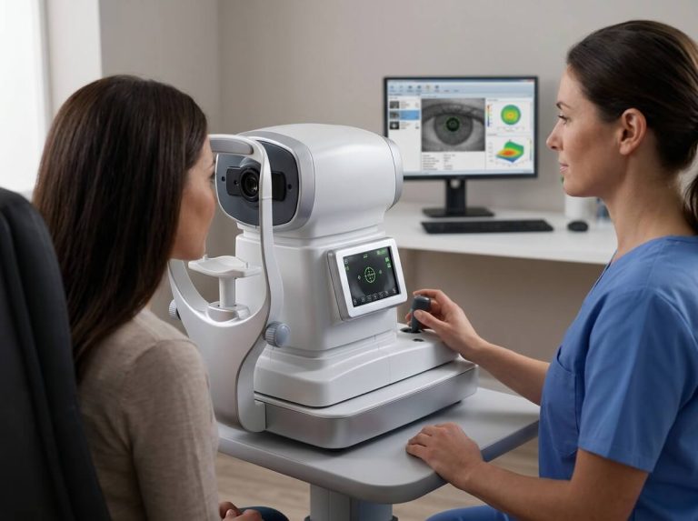 Ophthalmic technician using automated refractometer for patient eye diagnostic test.