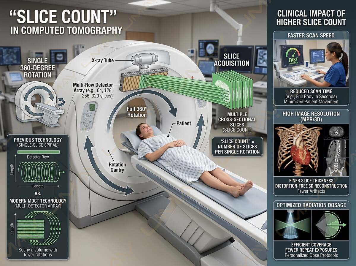 Educational infographic explaining slice count in computed tomography and clinical benefits of multi-detector CT scanners.