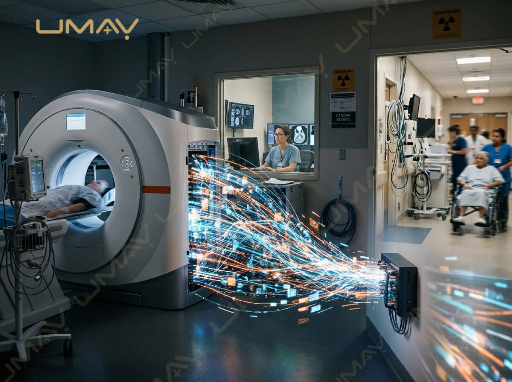 Advanced hospital CT scanner connected to high-speed data network for PACS DICOM medical imaging integration.