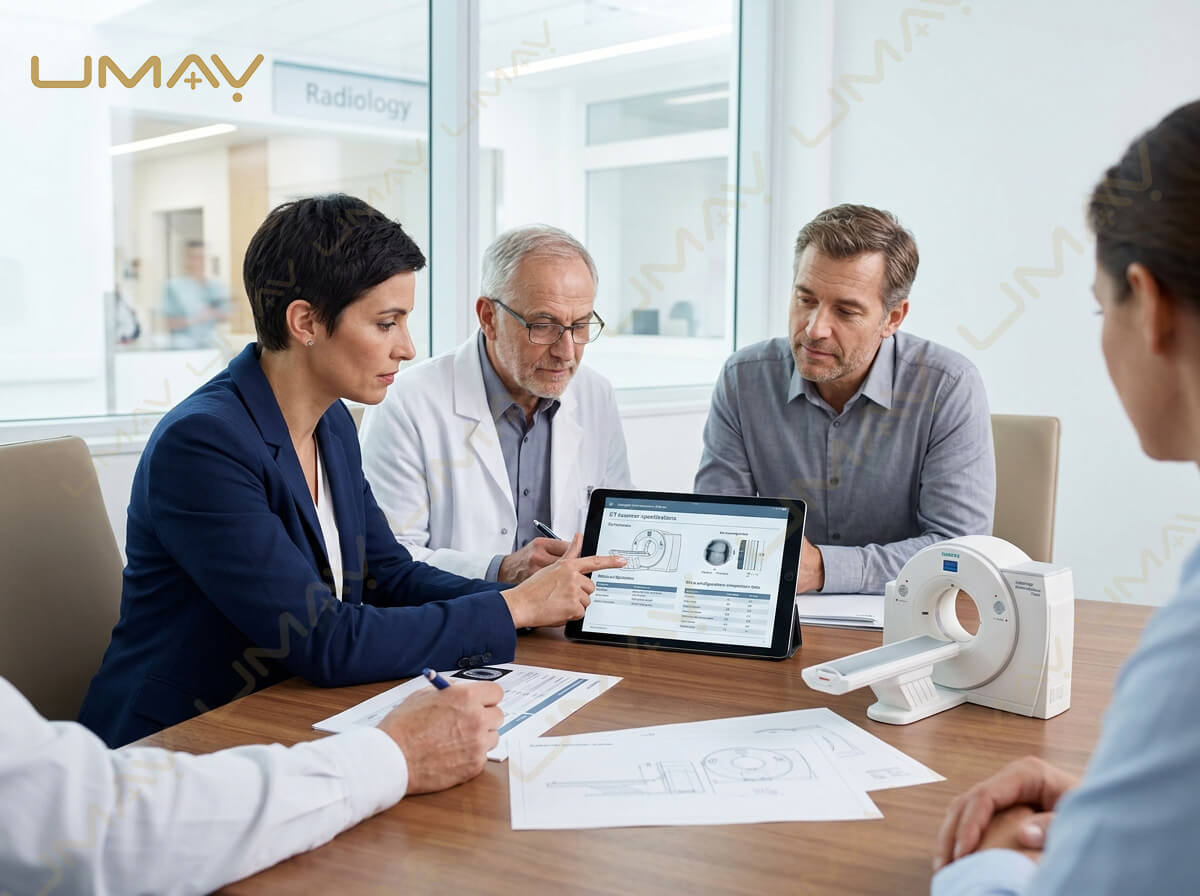 Medical procurement team and radiologists reviewing CT scanner specifications on a tablet in a hospital meeting room.