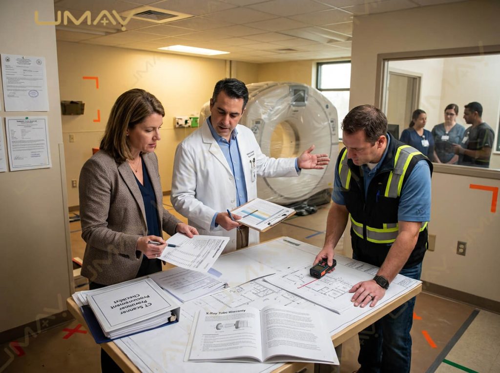 Hospital management, doctor, and technician reviewing CT scanner installation blueprints and procurement checklist.