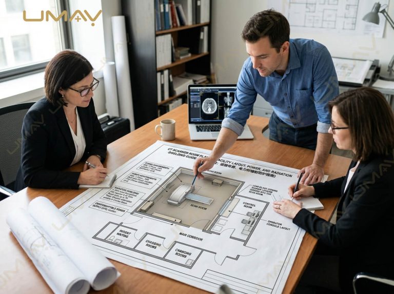 Medical architects and hospital planners reviewing CT scanner room layout, power requirements, and radiation shielding blueprints.