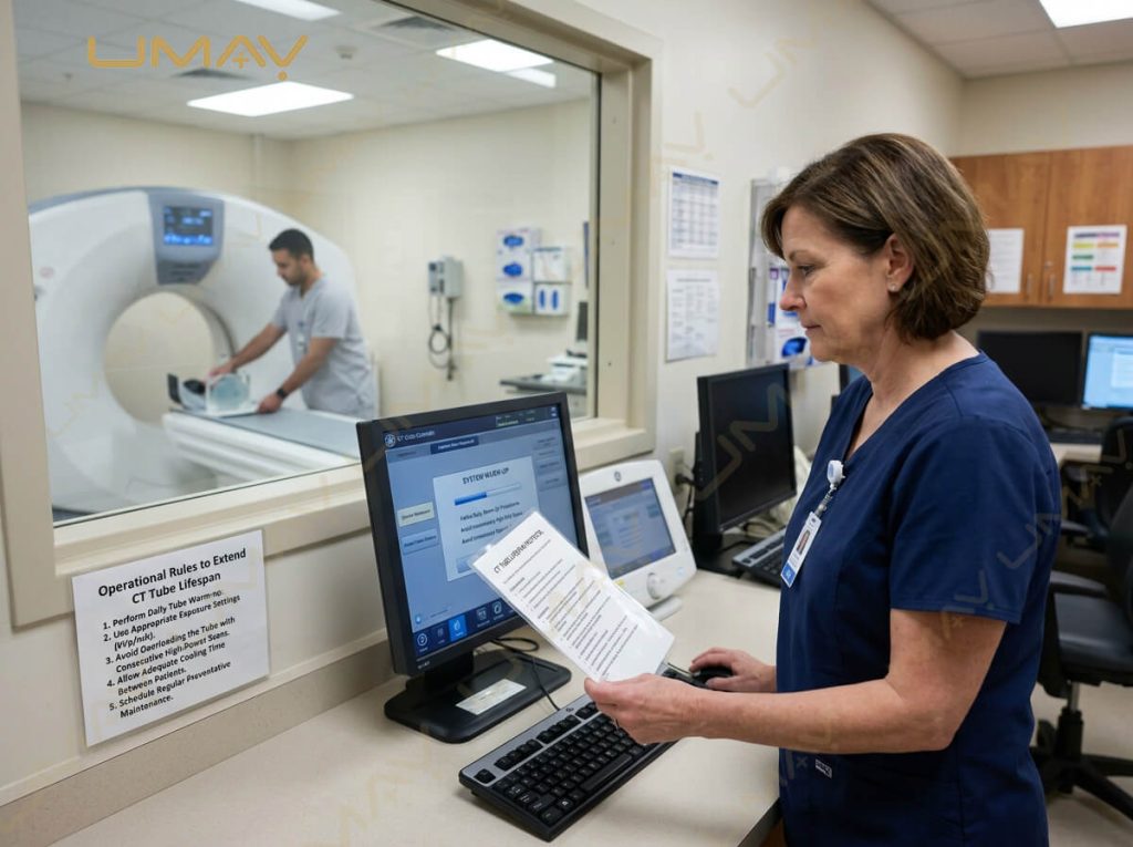 Radiographer reviewing operational rules to extend CT tube lifespan at radiology control console.