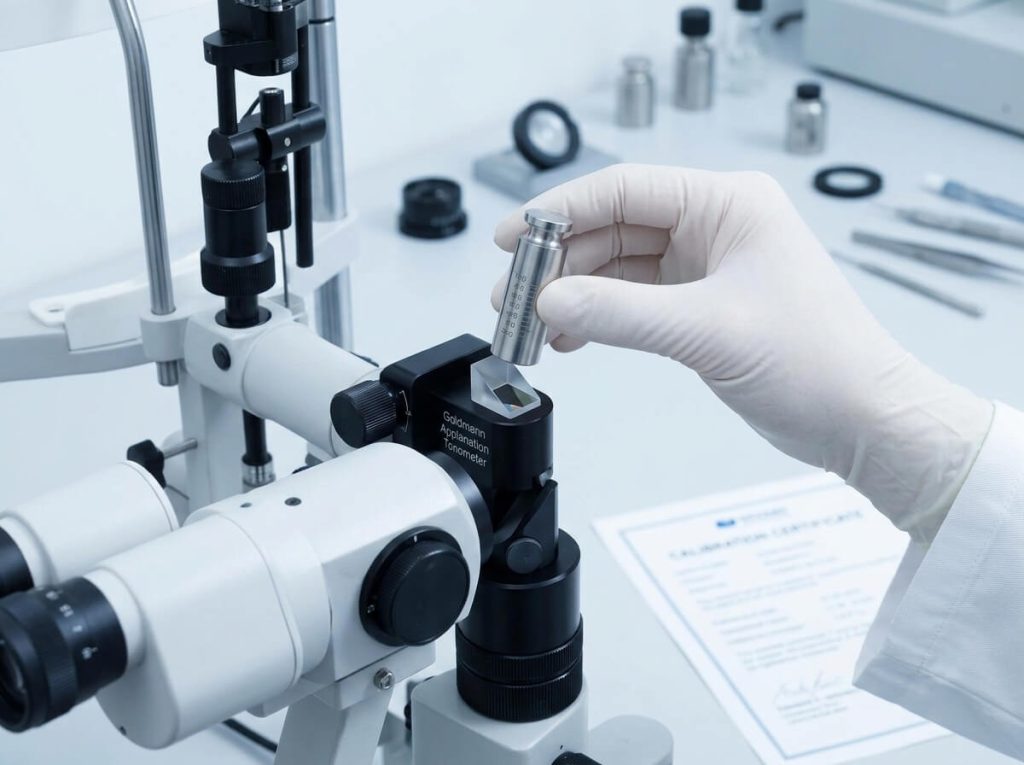Technologist calibrating Goldmann applanation tonometer with calibration weight set.