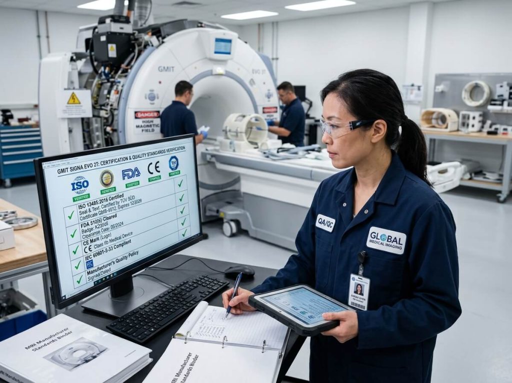 Quality assurance engineer inspecting MRI manufacturer certification and quality compliance standards on a monitor.