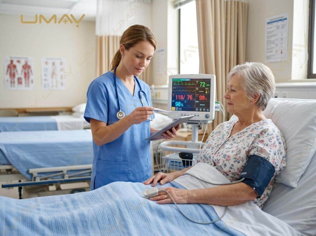 Nurse taking oral temperature with a digital thermometer beside a vital signs monitor in a hospital ward.