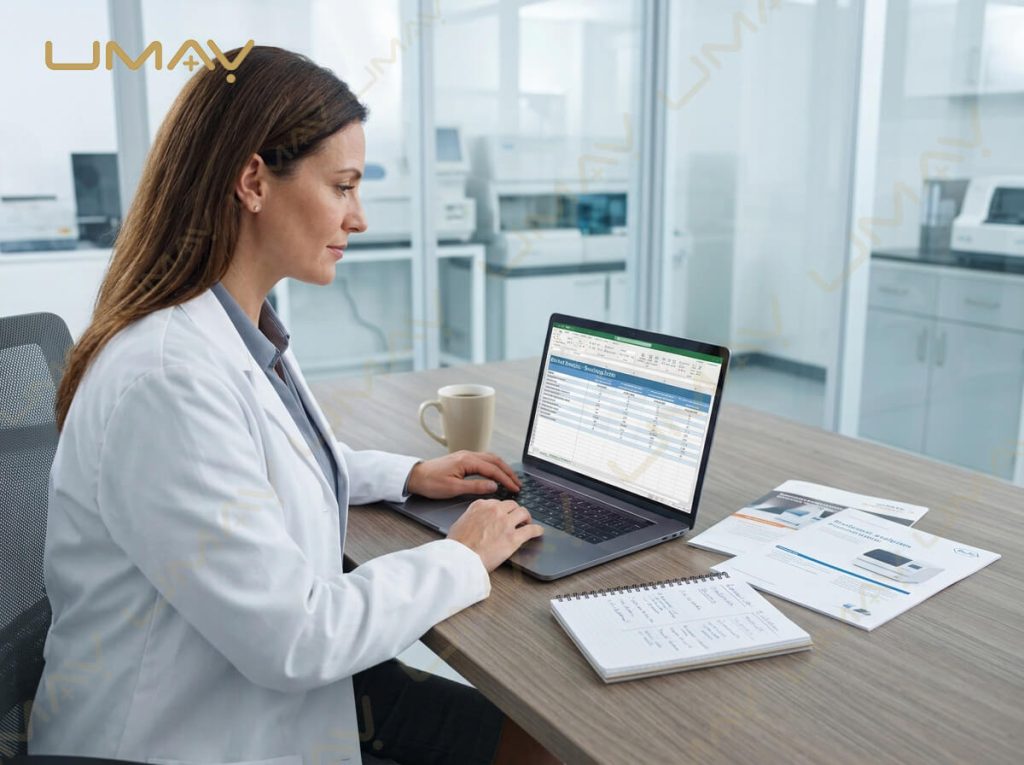 Medical procurement specialist reviewing biochemistry analyzer comparison data on a laptop in an office.