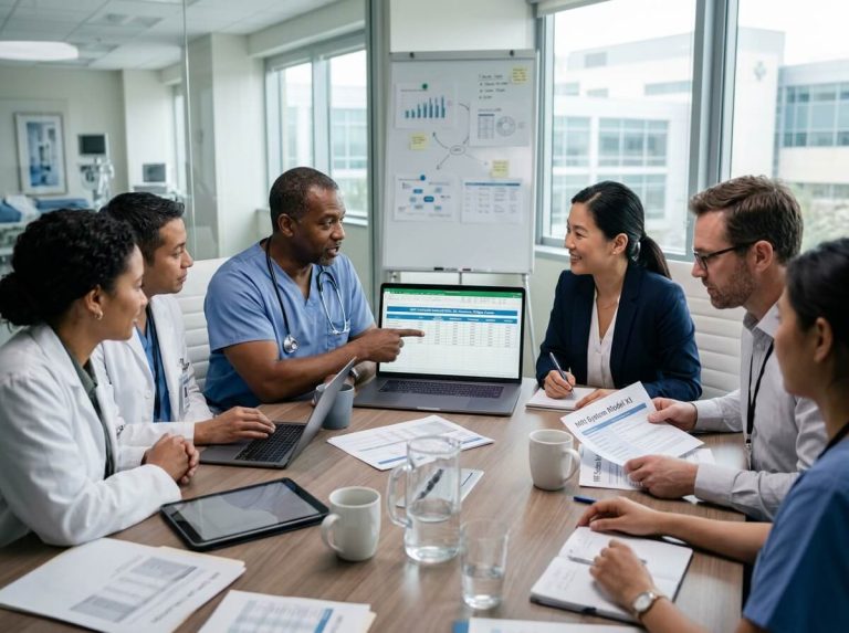 Hospital procurement committee discussing MRI scanner supplier proposals and technical specifications in a meeting room.