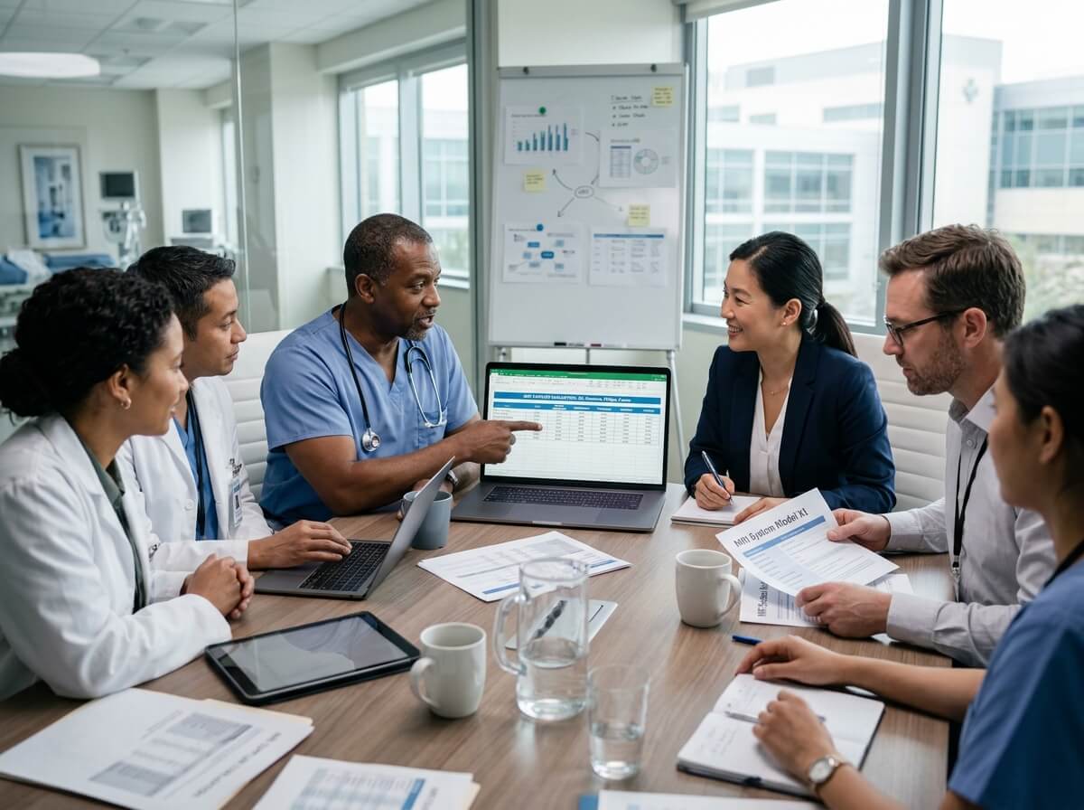 Hospital procurement committee discussing MRI scanner supplier proposals and technical specifications in a meeting room.