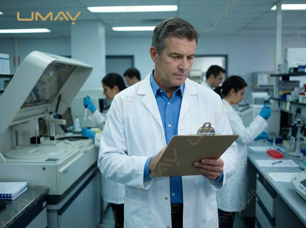 Laboratory director with clipboard supervising automated biochemistry analyzer operations.