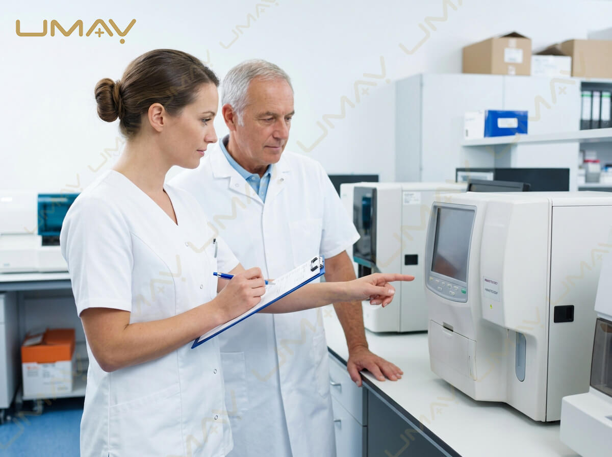 Laboratory staff consulting over automated hematology analyzer selection in a clinical lab.