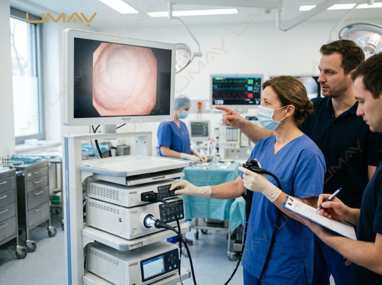 Medical staff evaluating a full endoscopy tower system with camera processor, light source, and flexible scope.