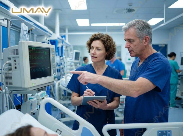 Two doctors reviewing real-time patient monitor data on a tablet in an intensive care unit.