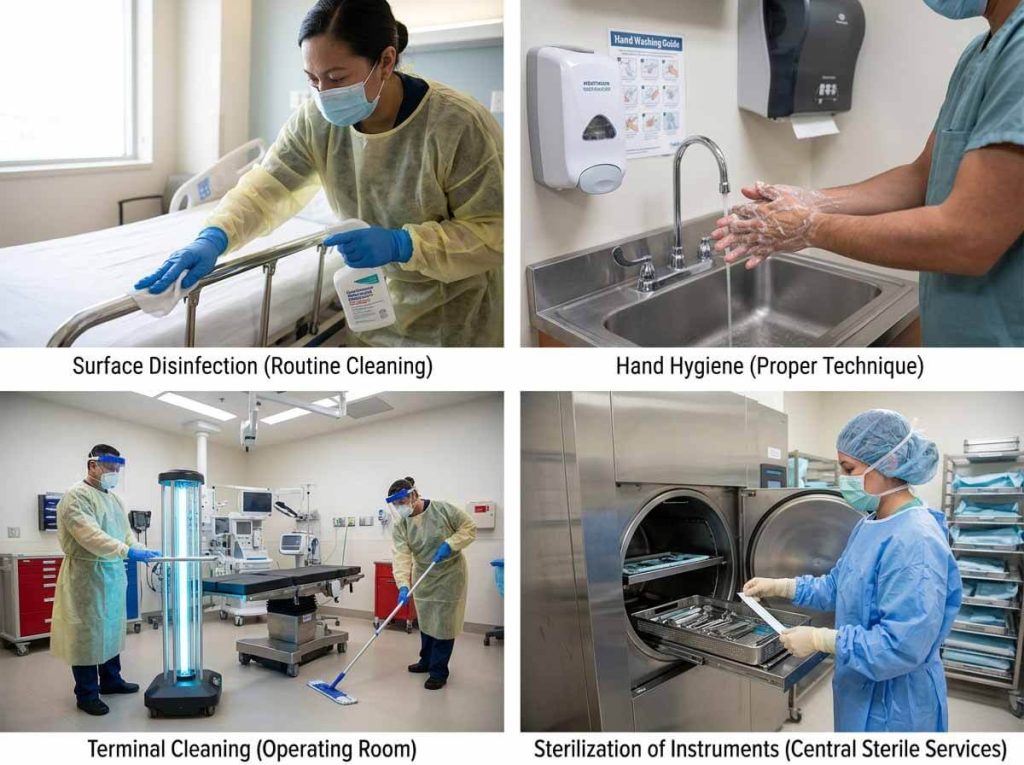 Four-panel guide showing hospital infection control steps including surface disinfection, hand hygiene, room cleaning, and instrument sterilization.