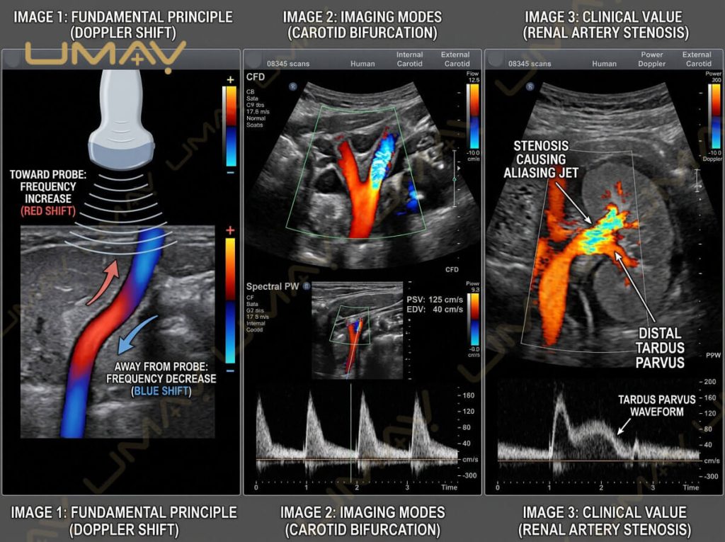Educational visual guide explaining Color Doppler ultrasound principles, imaging modes, and renal artery stenosis diagnosis.