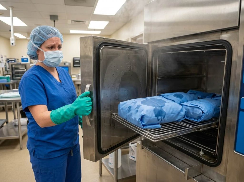 Technician checking wet surgical instrument packs inside open autoclave sterilizer chamber.