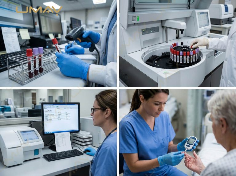 Four-panel collage illustrating clinical biochemistry testing workflows, patient scanning, and glucose monitoring.