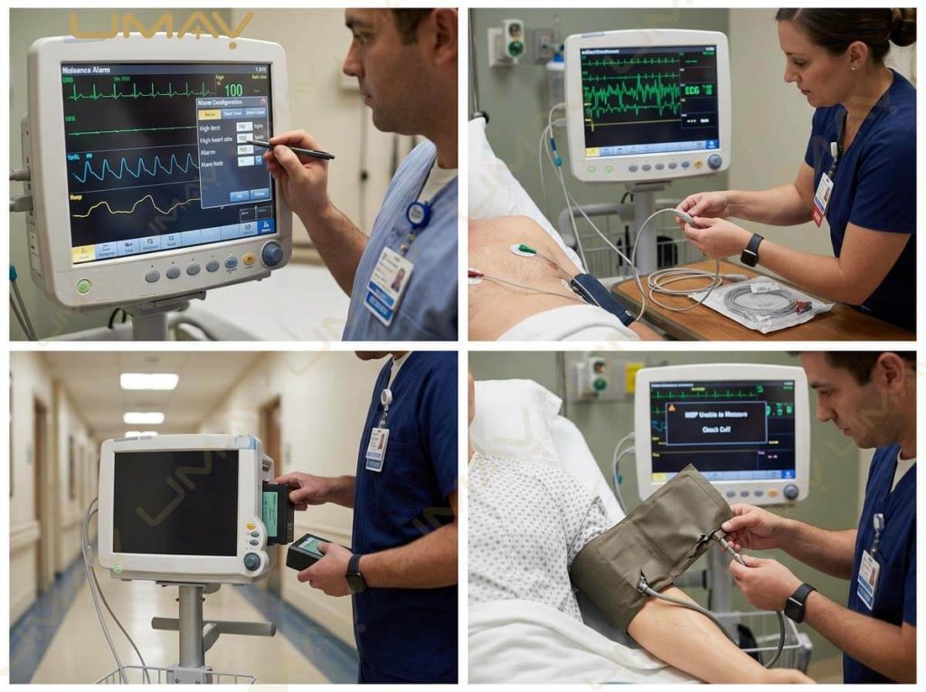 Four-panel guide showing medical staff troubleshooting patient monitor alarms, cable connections, batteries, and blood pressure cuffs.