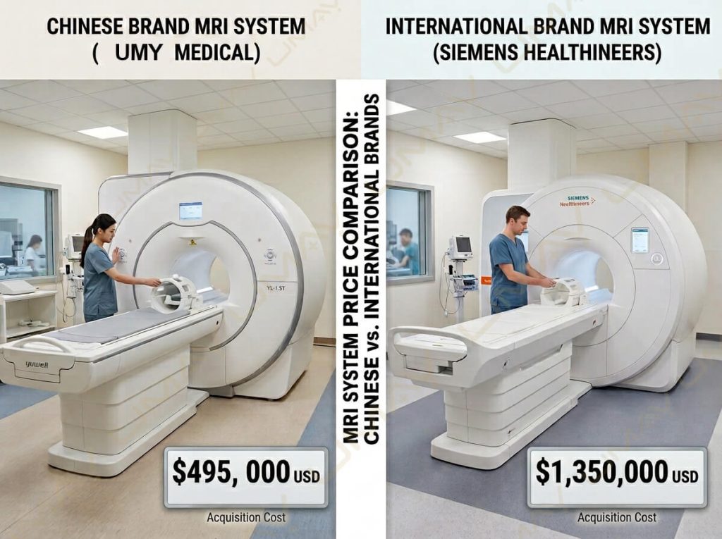 Side-by-side price comparison showing acquisition costs between a Chinese MRI system and an international brand MRI scanner.
