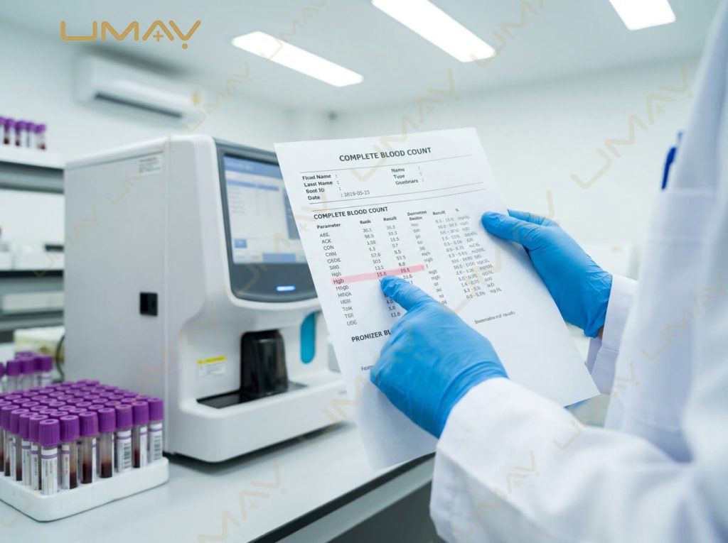 Medical lab technician reviewing a printed Complete Blood Count report next to an automated analyzer.