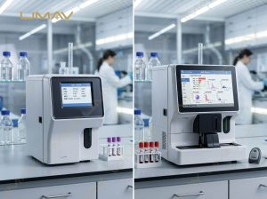 Side-by-side comparison of a 3-part hematology analyzer and an advanced 5-part differential blood counter.