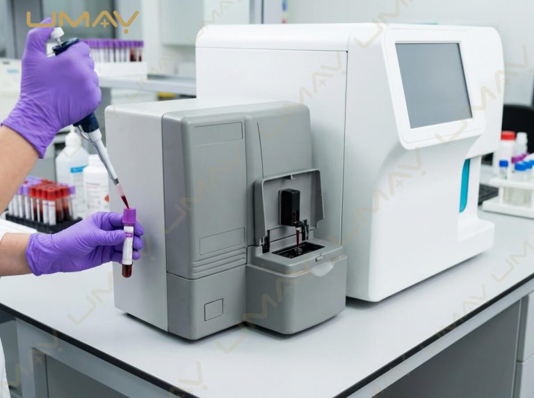 Lab technician pipetting blood sample into EDTA tube beside a benchtop hematology analyzer.