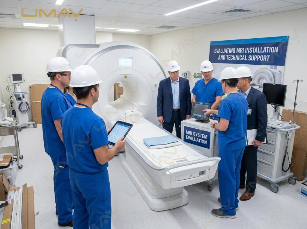Engineers and medical team evaluating MRI machine installation and technical support in a radiology room.