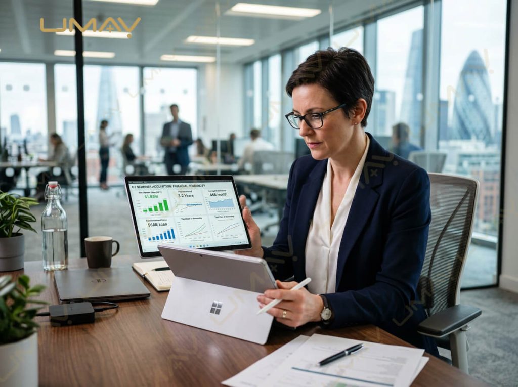 Executive analyzing CT scanner acquisition financial feasibility and ROI data on a tablet.