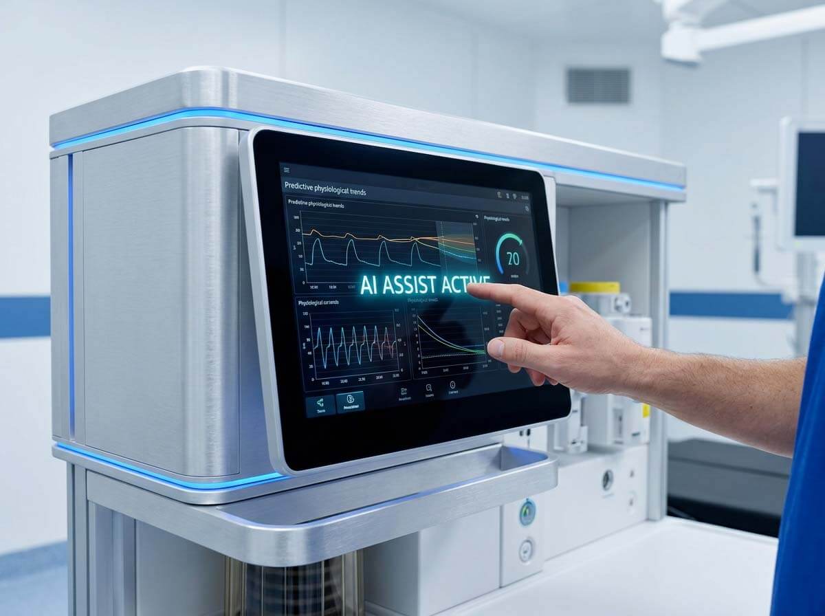 Close-up of modern smart anesthesia system touchscreen displaying AI Assist Active physiological trends.