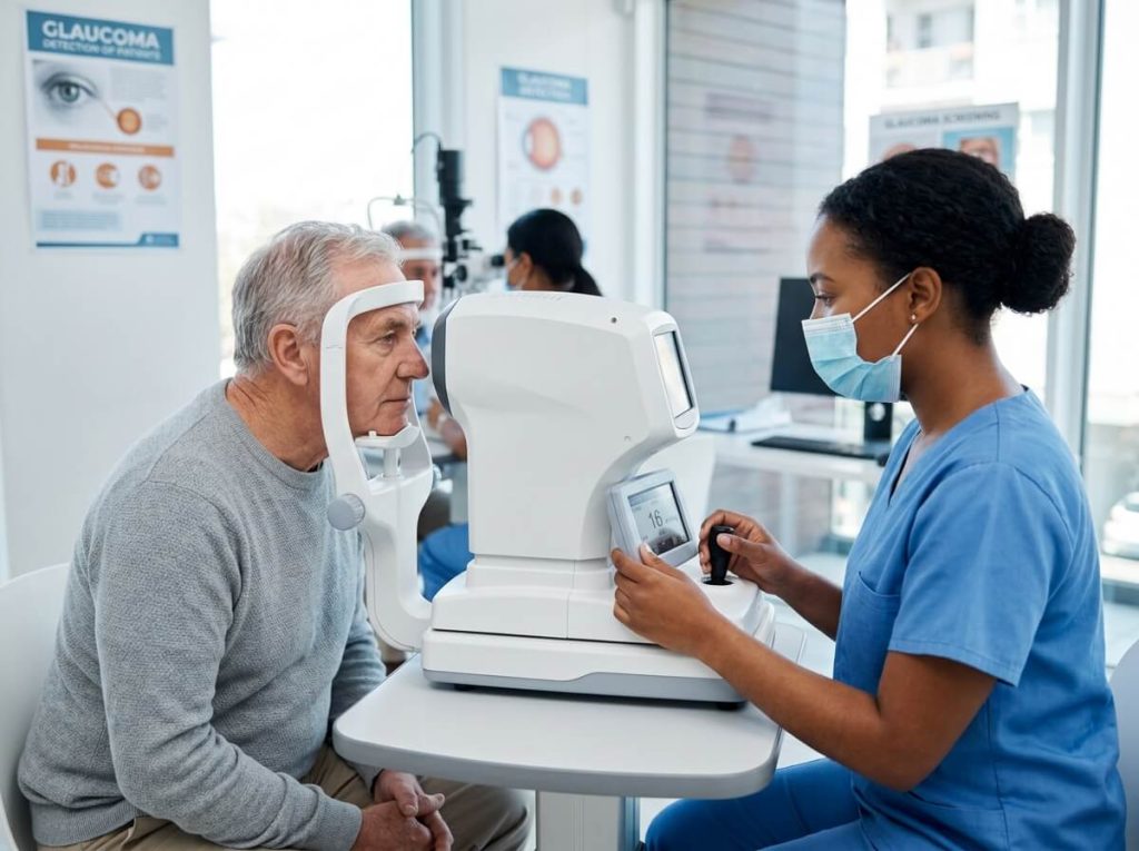Senior patient undergoing glaucoma eye pressure test with non-contact tonometer.