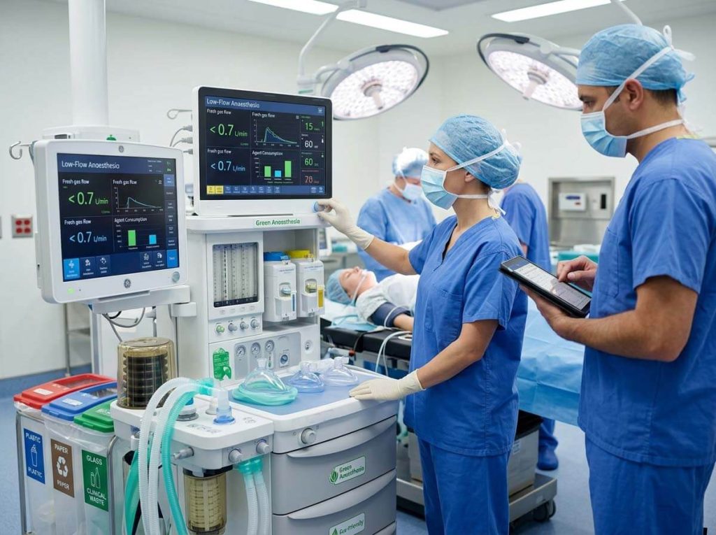 Surgical team operating a low-flow eco-friendly anesthesia workstation next to clinical waste sorting bins.