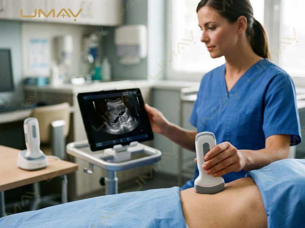Female clinician conducting abdominal examination using a wireless handheld ultrasound probe connected to a tablet screen.