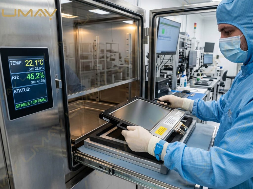 Biomedical engineer placing a digital flat-panel detector into a climate-controlled environmental chamber in a cleanroom lab.