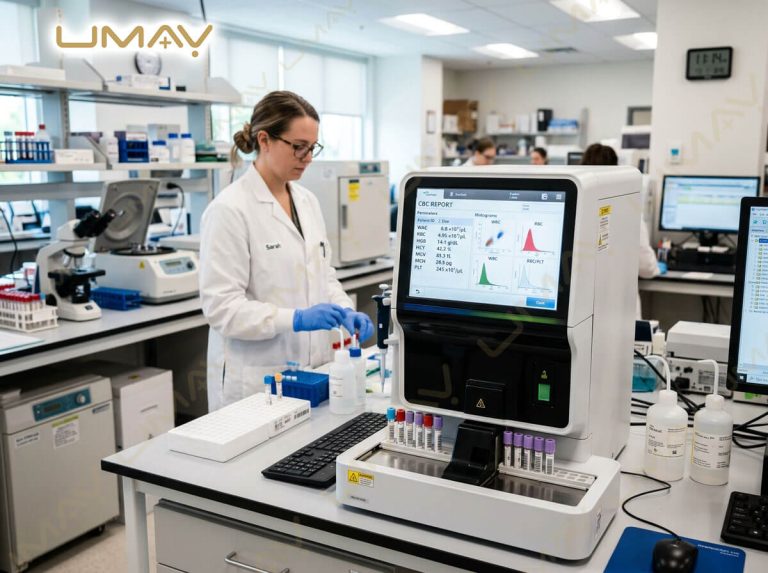 Laboratory technician operating an automated hematology analyzer displaying CBC report results.