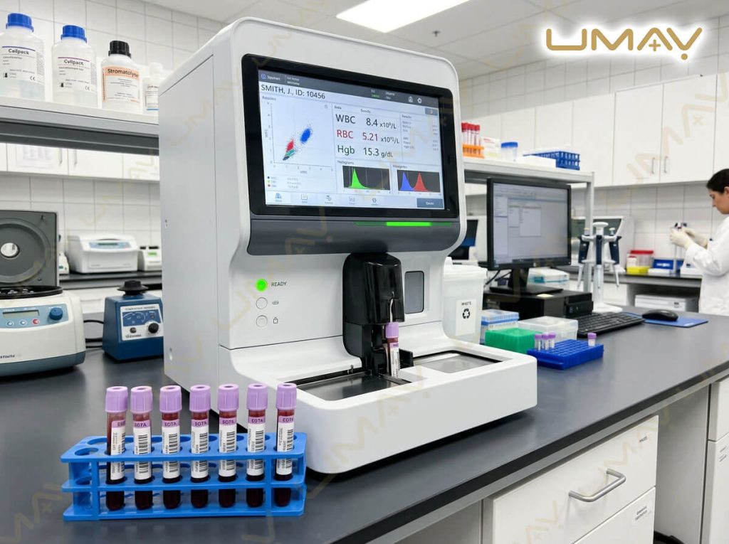 Automated blood cell counter processing blood samples with blood collection tubes in foreground.