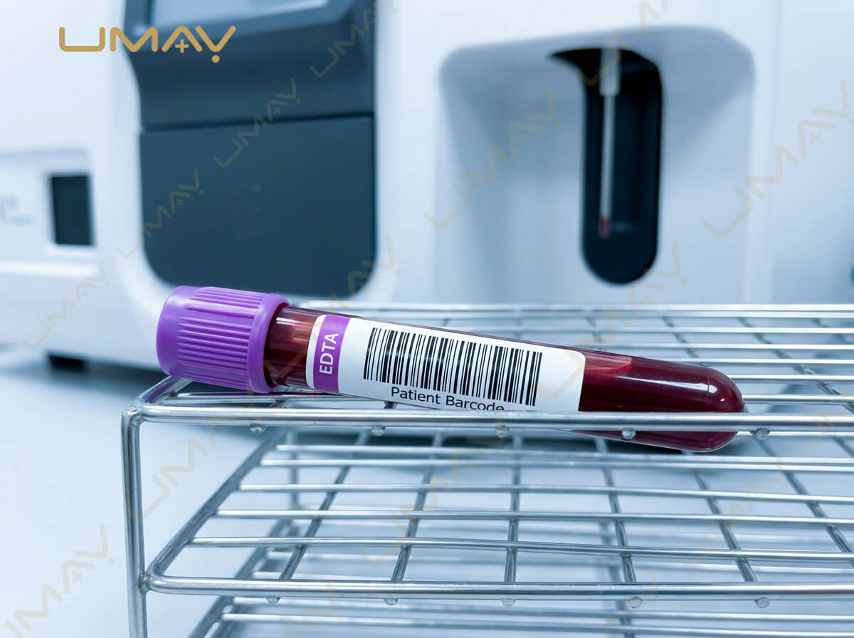 EDTA blood collection tube with patient barcode label resting on a metal rack near a sample probe.