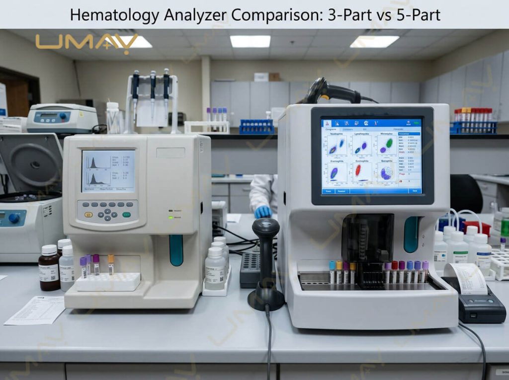 Laboratory benchtop setup comparing a 3-part hematology analyzer with a high-throughput 5-part differential system.