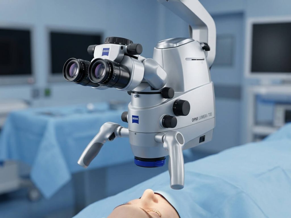 Ophthalmic surgical operating microscope positioned over patient in eye surgery room.